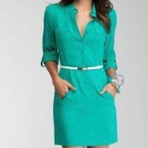 Teal green dress shirt dress with white belt